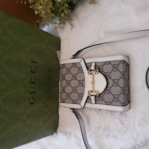 Gucci Horsebit 1955 Mini Bag White GG Canvas AUTHENTIC